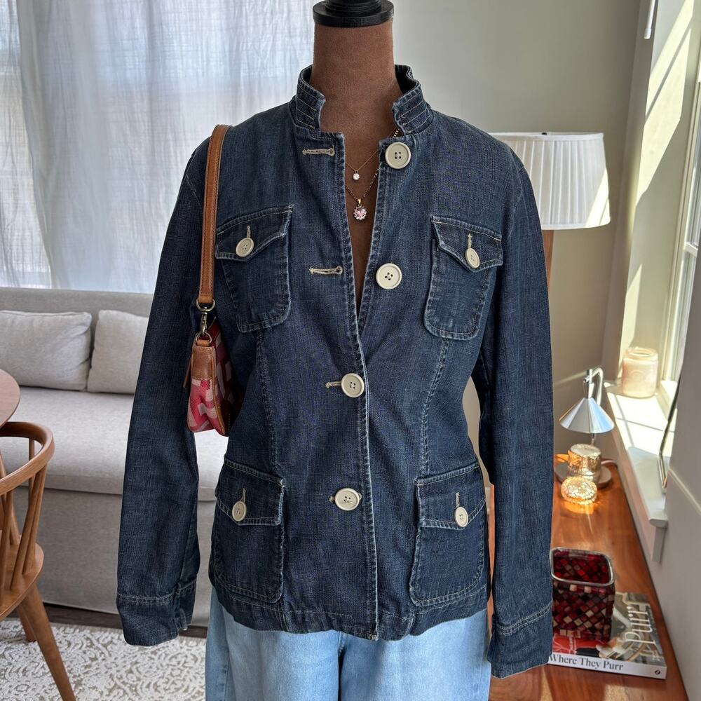 2006 Vintage Gap Dark Wash Denim Jacket Button Front Cinched Waist Size 8